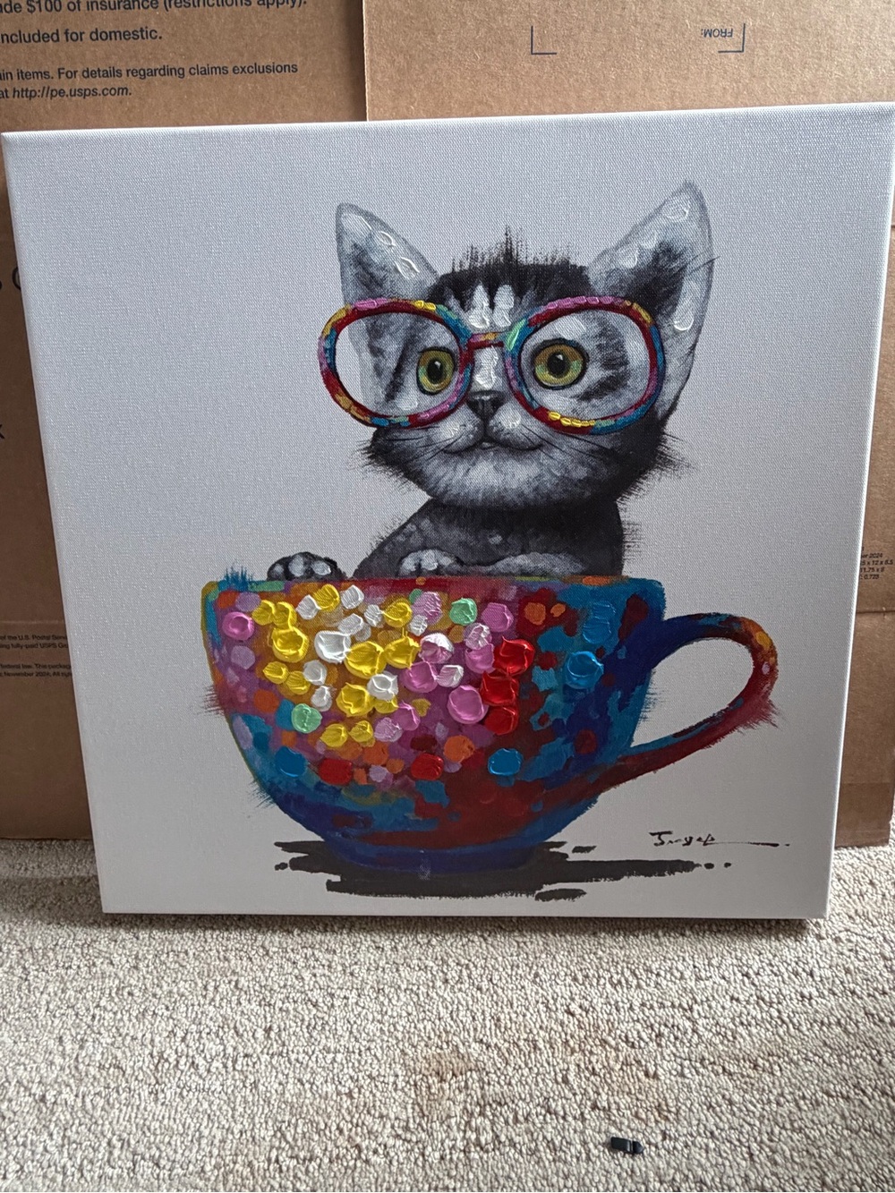 Colorful Cat in Teacup Canvas Wall Art - Multicolor